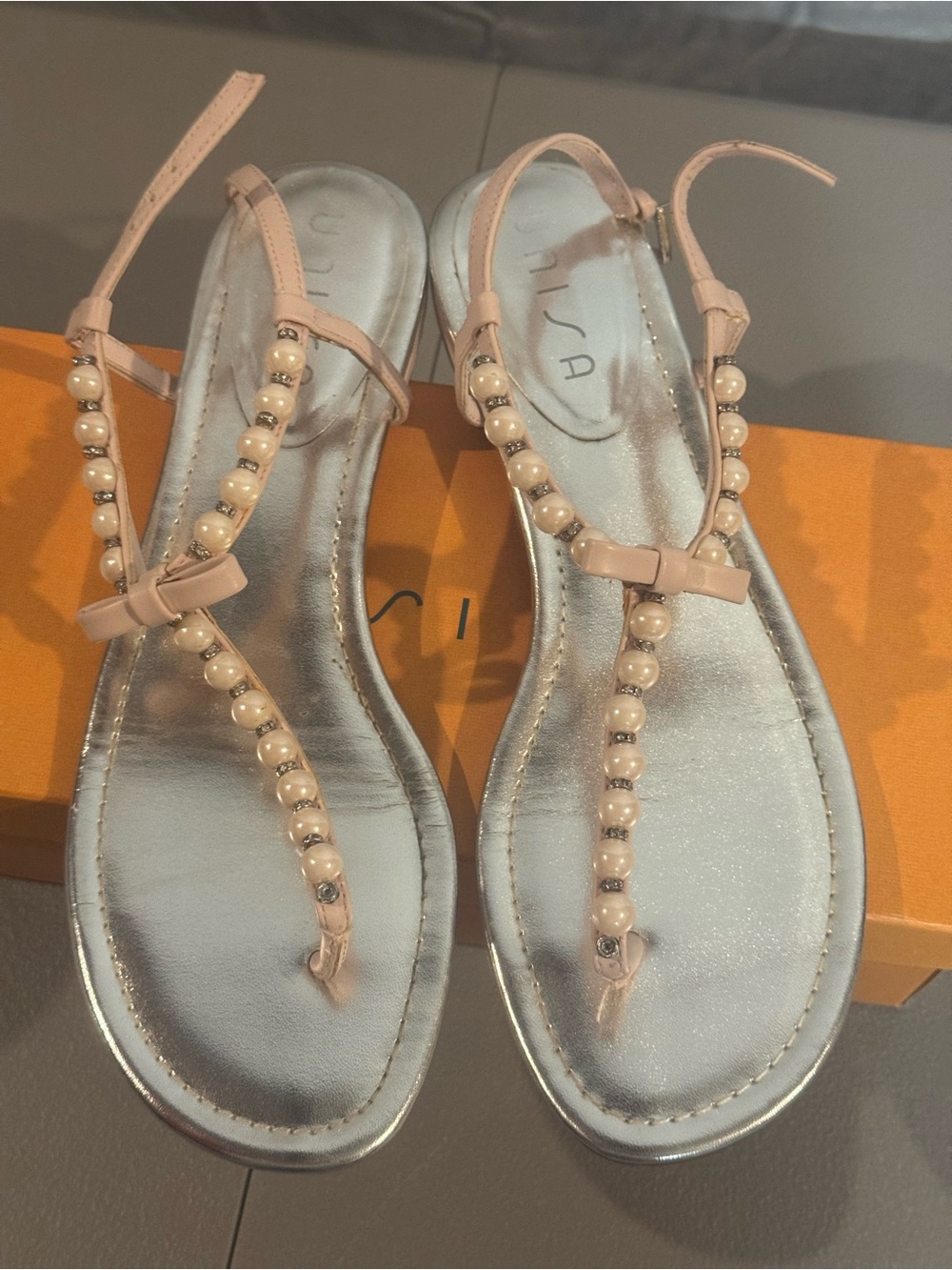 Unisa Women's Pearl Beaded T-Strap Sandal in Blush and Silver